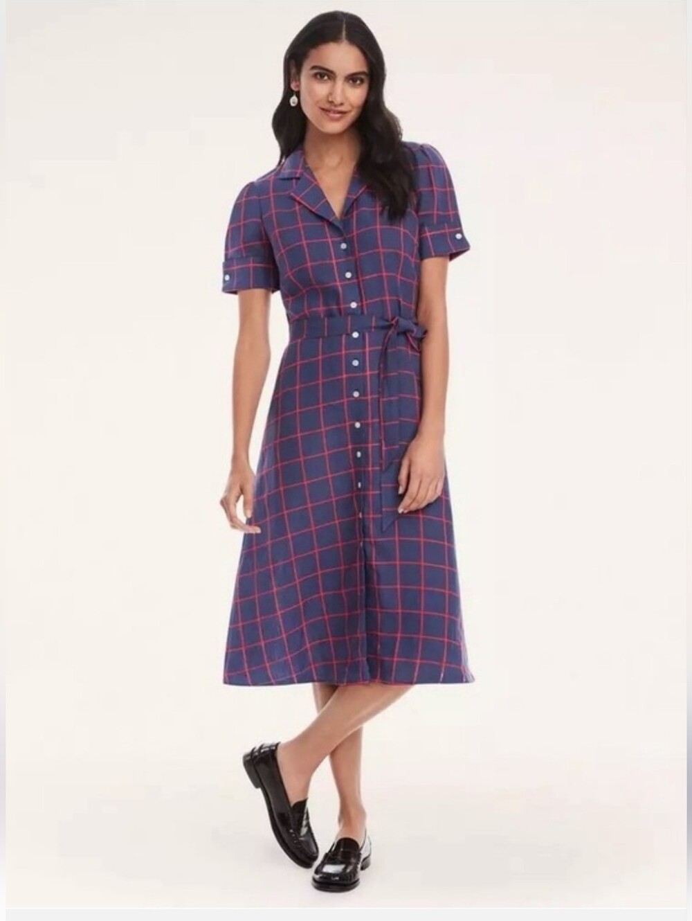 Brooks Brothers Button-Front Navy Dress with Pink Windowpane Check